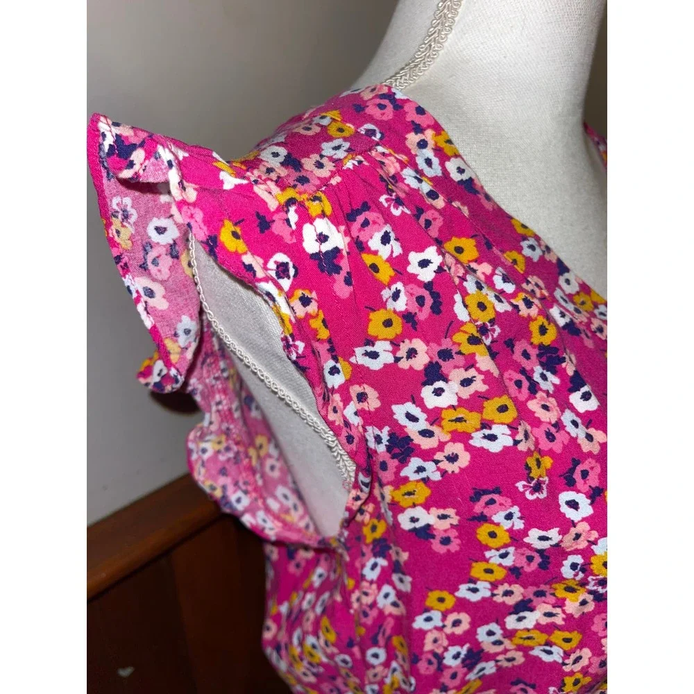 Womens a.n.a‎ Pink Floral Yellow Blue Midi Spring Dress Elastic Waist Size 8T